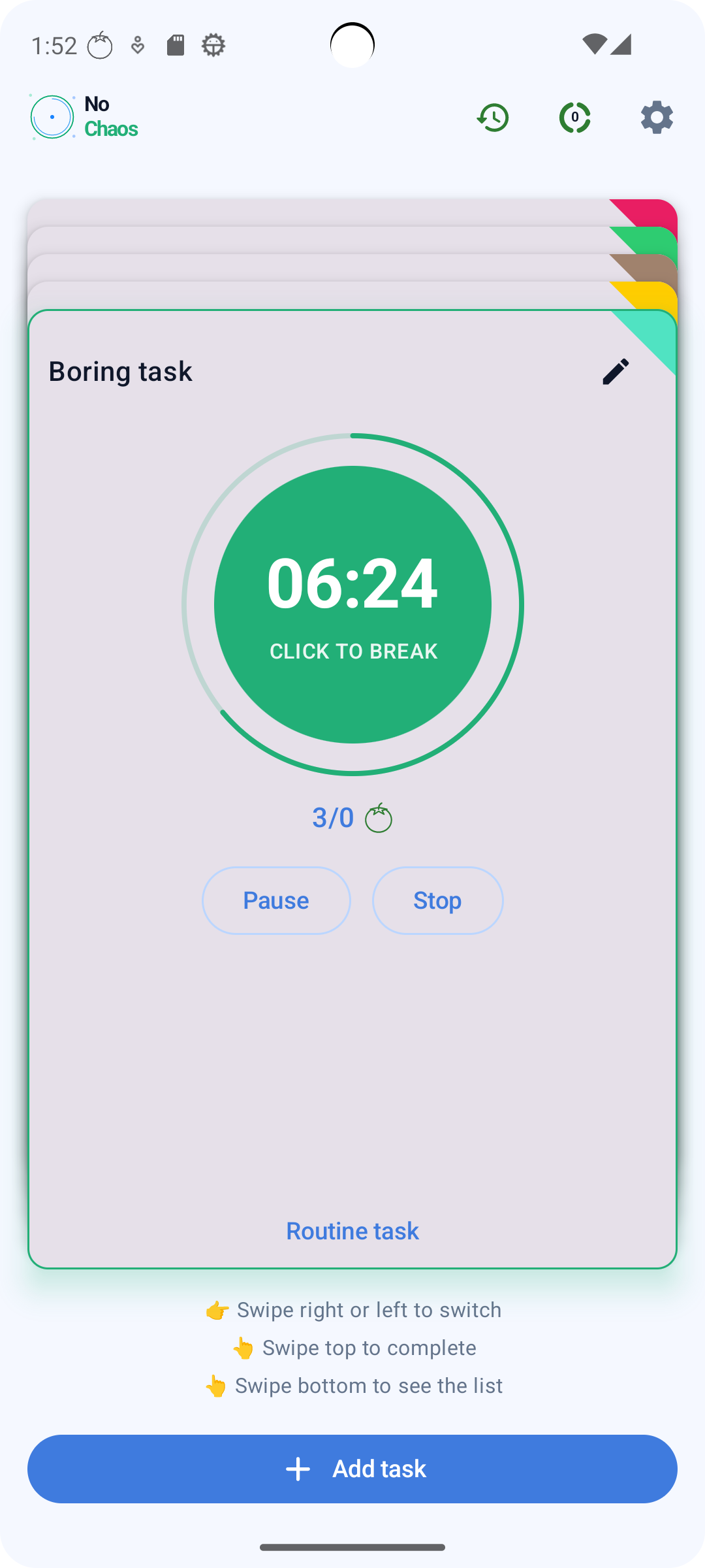 Main card view with Pomodoro timer